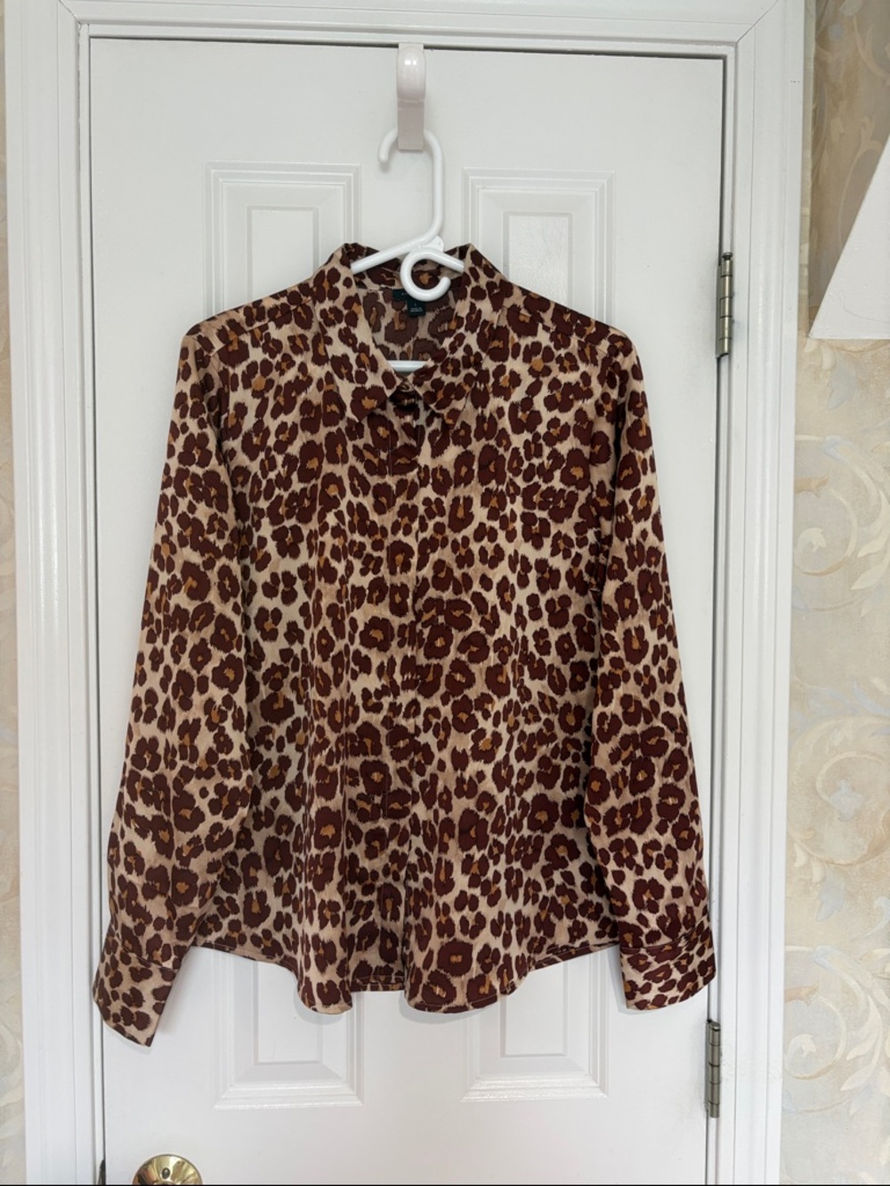 Ann Taylor’s Leopard Print Button-Up Blouse in Brown and Tan